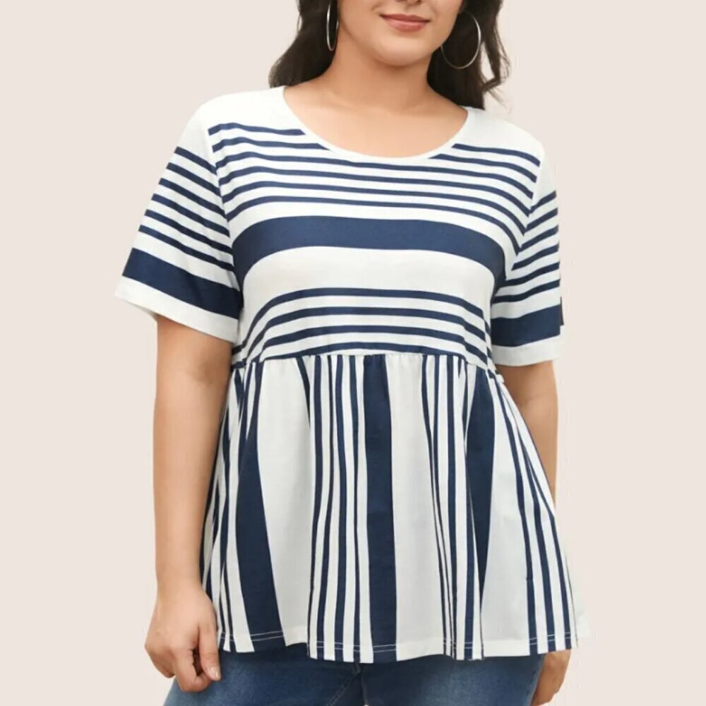 BloomChic Plus Size 2XL Striped Print Elastic Waist Round Neck T-shirt us18-20